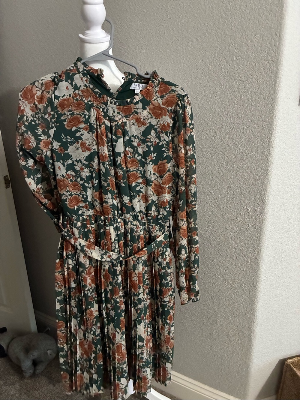 Long-Sleeve Floral Midi Dress in Olive and Rust- NWOT - Picture 4 of 7